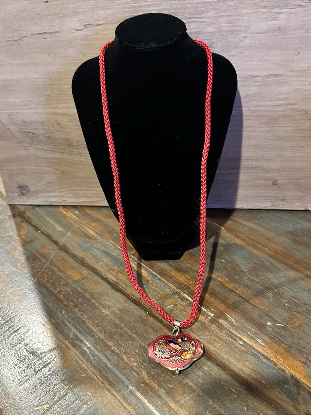 Cloisonne Butterfly Pendant Necklace Red Cord Asian Floral Enamel